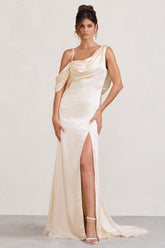 Cream Satin Asymmetric Draped Split Maxi Dress